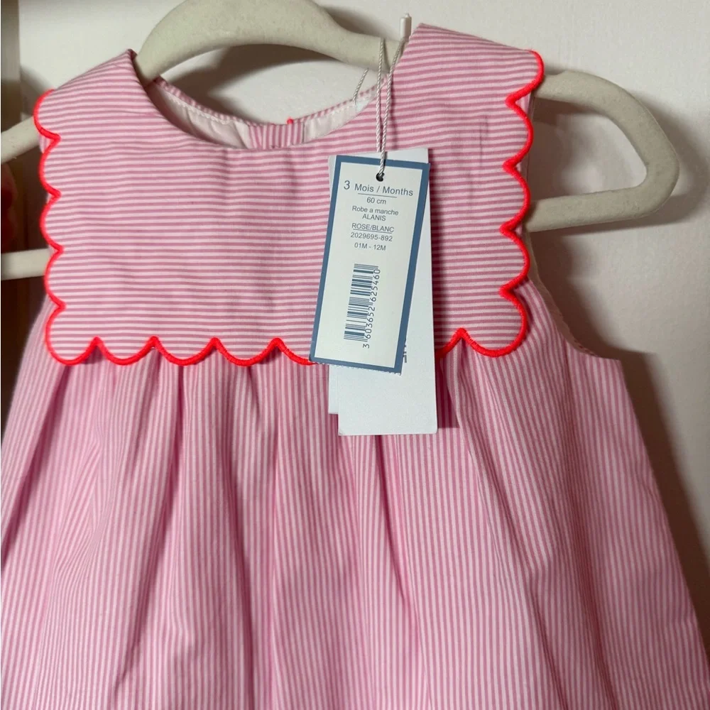 Jacadi Dress Scalloped Striped Baby Girl Pink New with tags 3 Months $89 retail - Picture 2 of 5